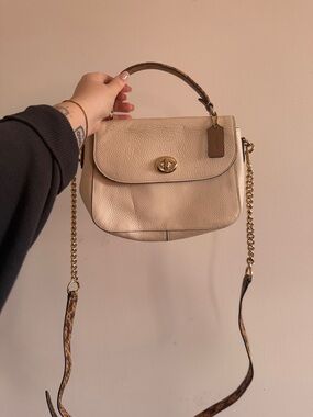 Coach Cream Pebbled Leather Turnlock Crossbody with Chain Strap